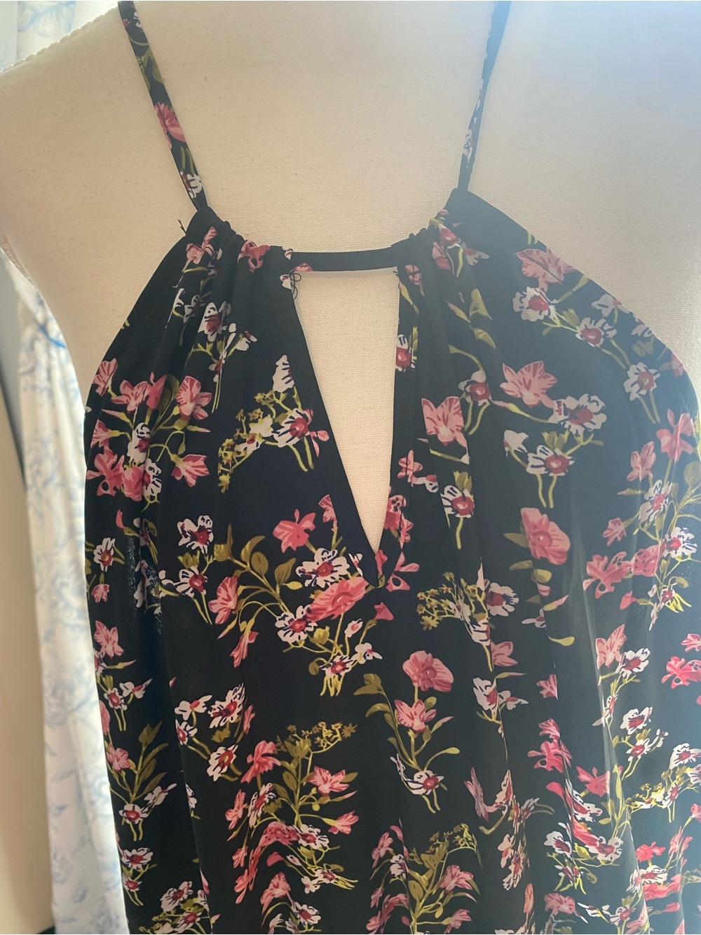 SHEIN Black Floral Halter Dress with Pink & Green Print